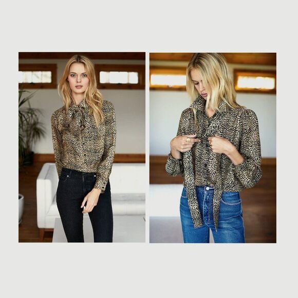 Emerson Fry NEW XL Little Cheetah Blouse Women's Print Long Sleeve Ribbons Sash - Picture 1 of 6